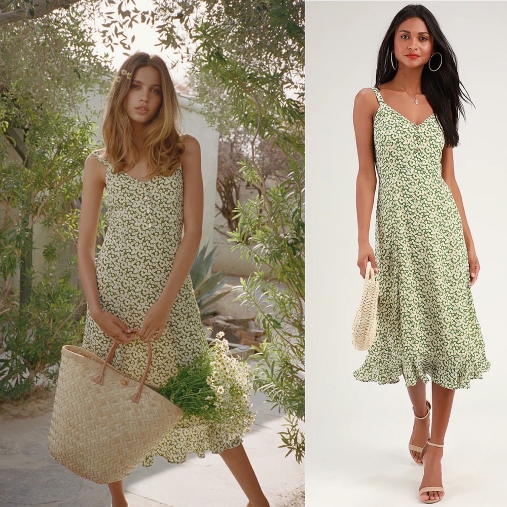 Darling Daisies Green Floral Print Midi Dress